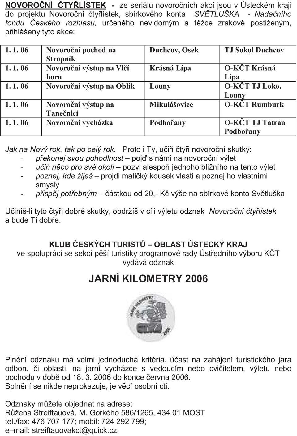 Louny 1. 1. 06 Novoro ní výstup na Mikulášovice O-K T Rumburk Tane nici 1. 1. 06 Novoro ní vycházka Podbo any O-K T TJ Tatran Podbo any Jak na Nový rok, tak po celý rok.