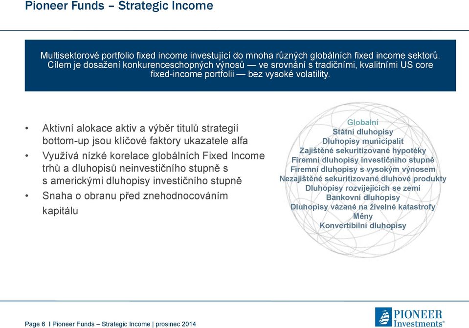 Aktivní alokace aktiv a výběr titulů strategií bottom-up jsou klíčové faktory ukazatele alfa Využívá nízké korelace globálních Fixed Income trhů a dluhopisů neinvestičního stupně s s americkými