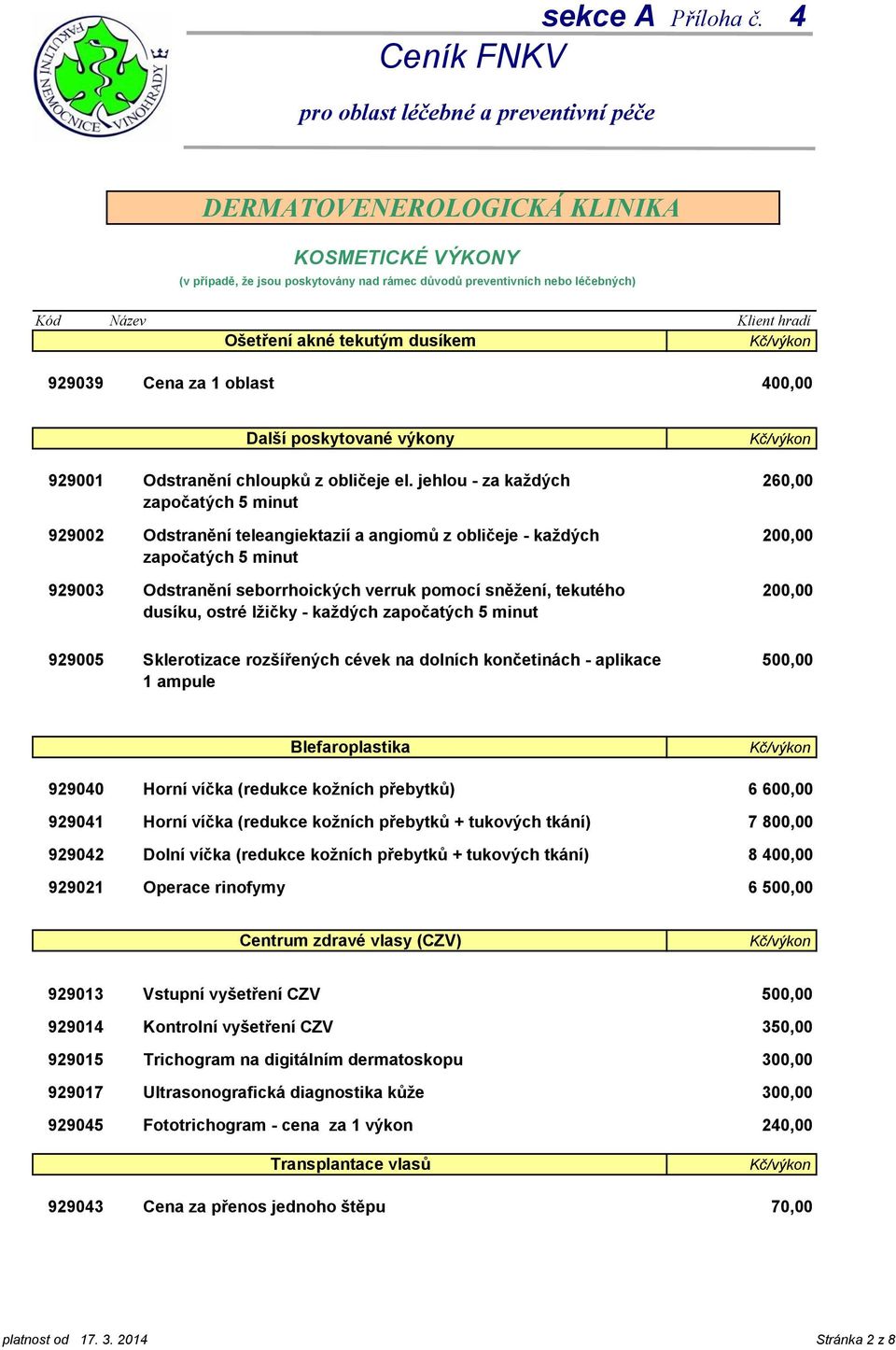 každých započatých 5 minut 260,00 200,00 200,00 929005 Sklerotizace rozšířených cévek na dolních končetinách - aplikace 1 ampule 500,00 Blefaroplastika 929040 929041 929042 929021 Horní víčka