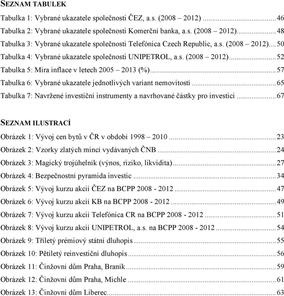 .. 57 Tabulka 6: Vybrané ukazatele jednotlivých variant nemovitostí... 65 Tabulka 7: Navržené investiční instrumenty a navrhované částky pro investici.