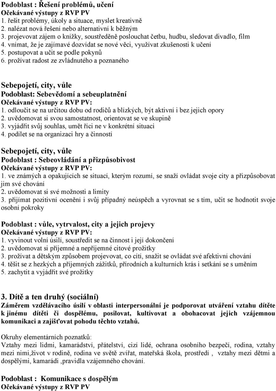 postupovat a učit se podle pokynů 6. prožívat radost ze zvládnutého a poznaného Sebepojetí, city, vůle Podoblast: Sebevědomí a sebeuplatnění Očekávané výstupy z RVP PV: 1.