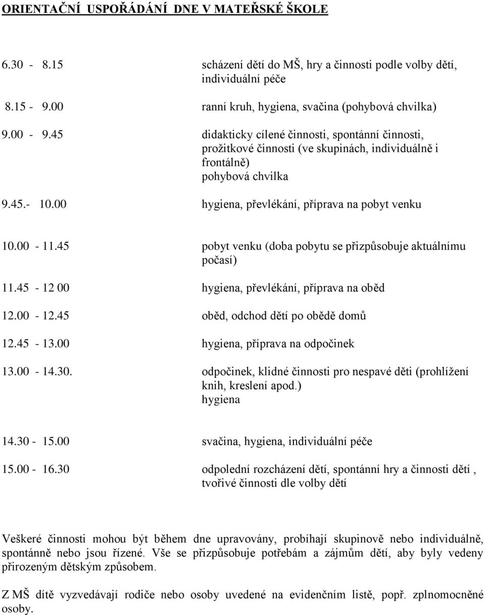 45 pobyt venku (doba pobytu se přizpůsobuje aktuálnímu počasí) 11.45-12 00 hygiena, převlékání, příprava na oběd 12.00-12.45 oběd, odchod dětí po obědě domů 12.45-13.