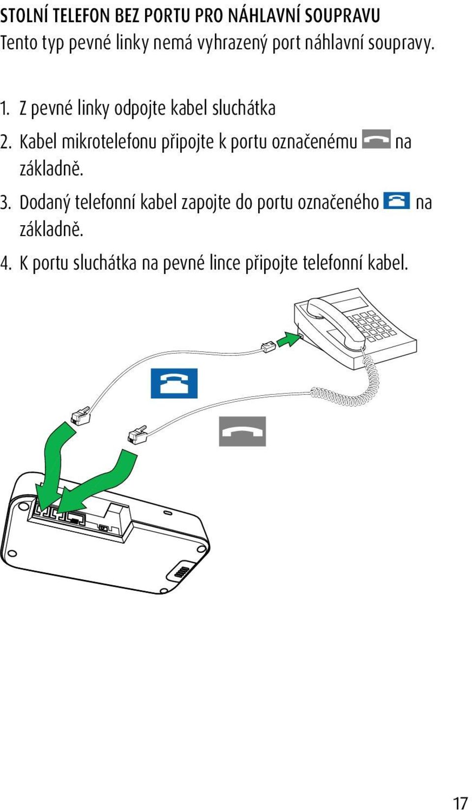 Kabel mikrotelefonu připojte k portu označenému na základně. 3.