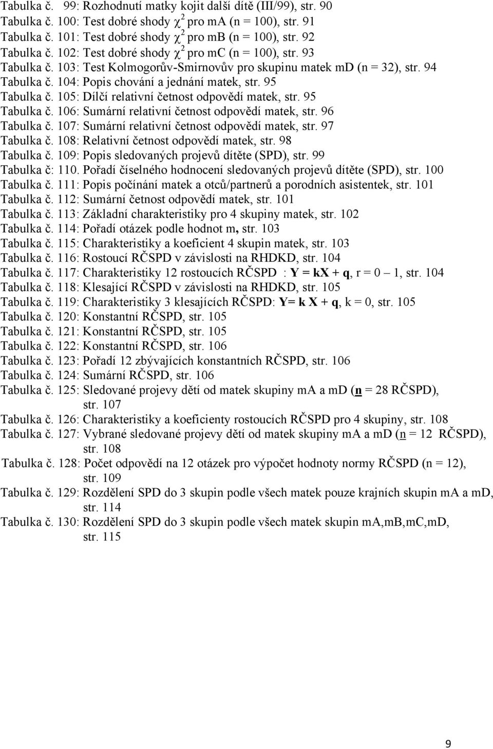 95 Tabulka č. 105: Dílčí relativní četnost odpovědí matek, str. 95 Tabulka č. 106: Sumární relativní četnost odpovědí matek, str. 96 Tabulka č. 107: Sumární relativní četnost odpovědí matek, str.