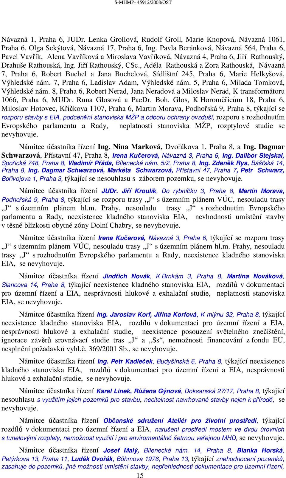 , Adéla Rathouská a Zora Rathouská, Návazná 7, Praha 6, Robert Buchel a Jana Buchelová, Sídlištní 245, Praha 6, Marie Helkyšová, Výhledské nám. 7, Praha 6, Ladislav Adam, Výhledské nám.