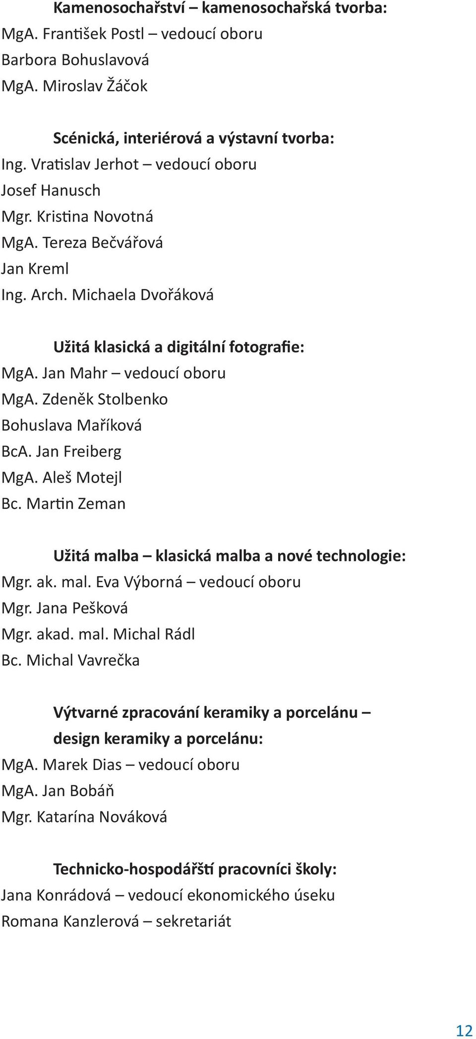 Zdeněk Stolbenko Bohuslava Maříková BcA. Jan Freiberg MgA. Aleš Motejl Bc. Martin Zeman Užitá malba klasická malba a nové technologie: Mgr. ak. mal. Eva Výborná vedoucí oboru Mgr. Jana Pešková Mgr.