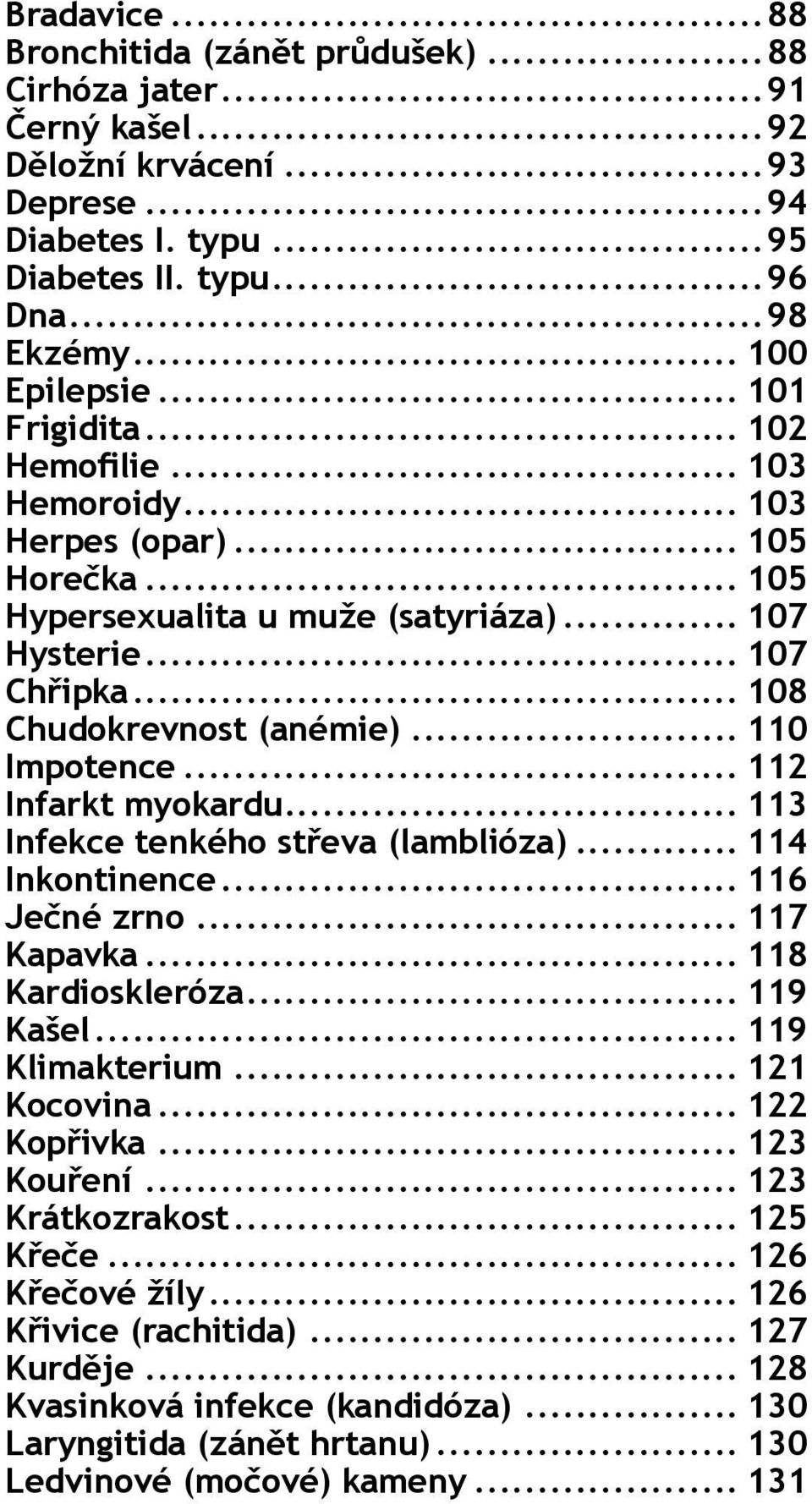 .. 110 Impotence... 112 Infarkt myokardu... 113 Infekce tenkého střeva (lamblióza)... 114 Inkontinence... 116 Ječné zrno... 117 Kapavka... 118 Kardioskleróza... 119 Kašel... 119 Klimakterium.