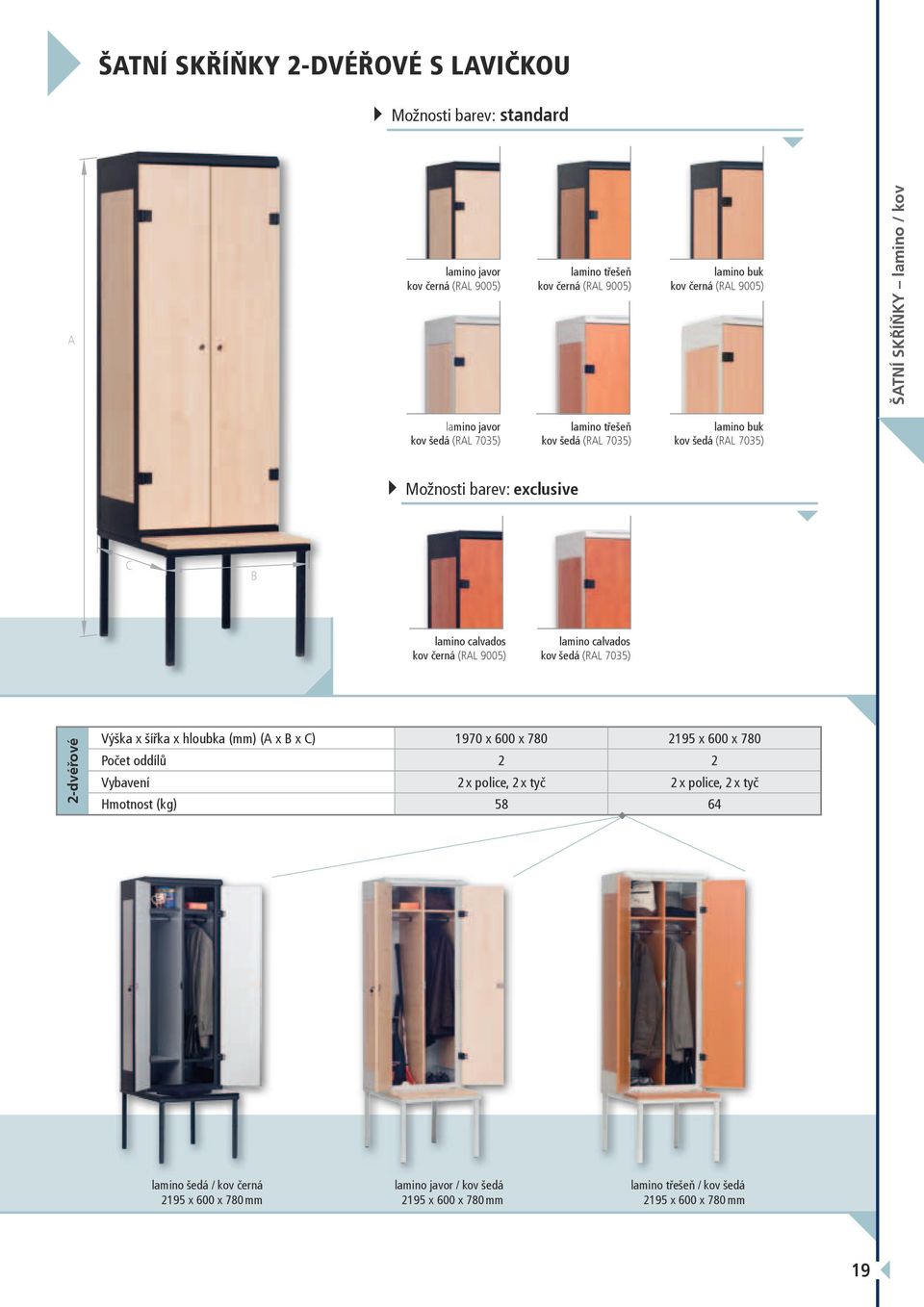 (A x B x C) 1970 x 600 x 780 2195 x 600 x 780 Počet oddílů 2 2 Vybavení 2 x police, 2 x tyč 2 x police, 2 x tyč Hmotnost (kg) 58 64