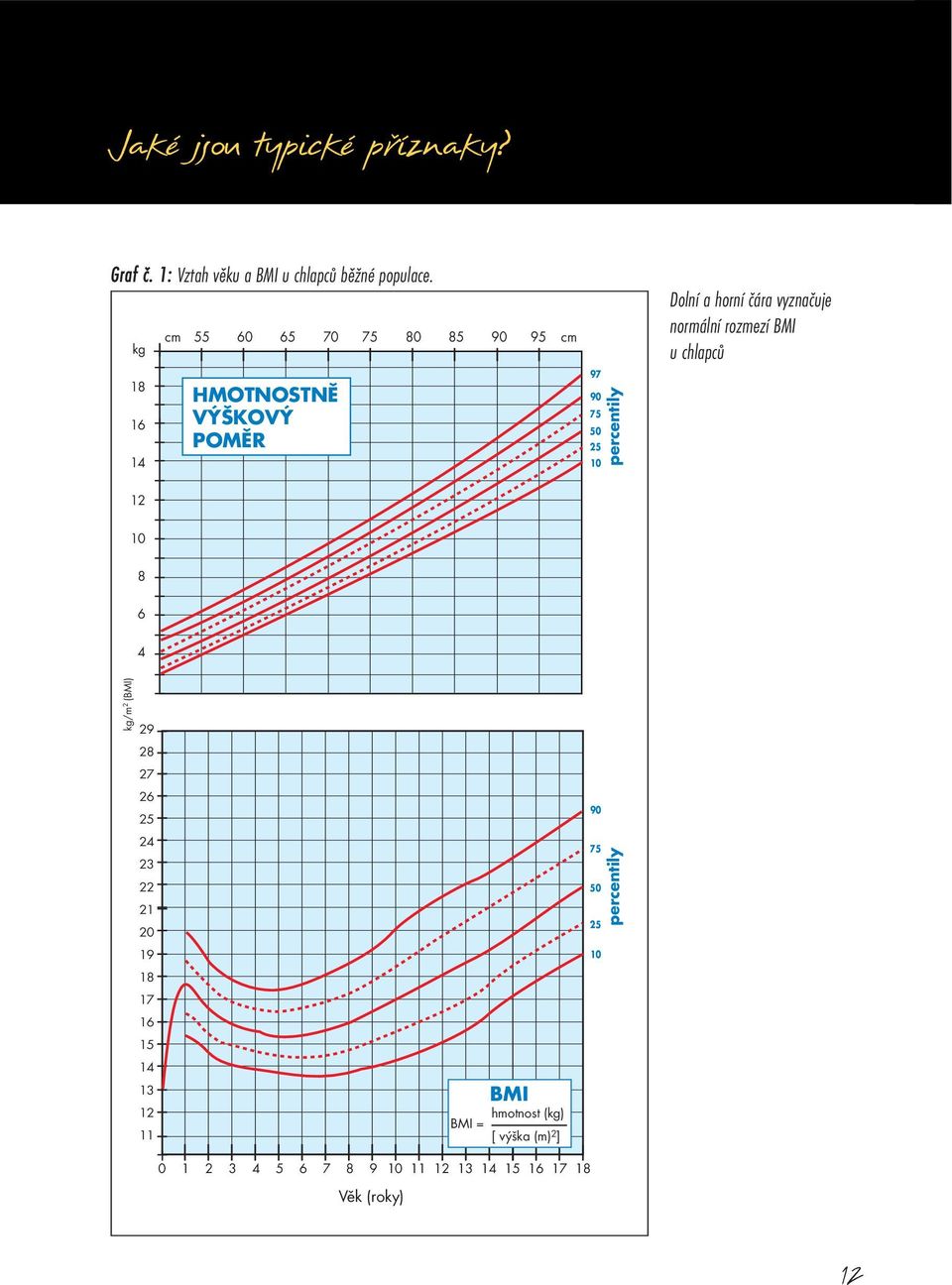Dolní a horní čára vyznačuje normální rozmezí BMI u chlapců 12 10 8 6 4 kg/m 2 (BMI) 29 28 27 26 25 90 24 23 22 21