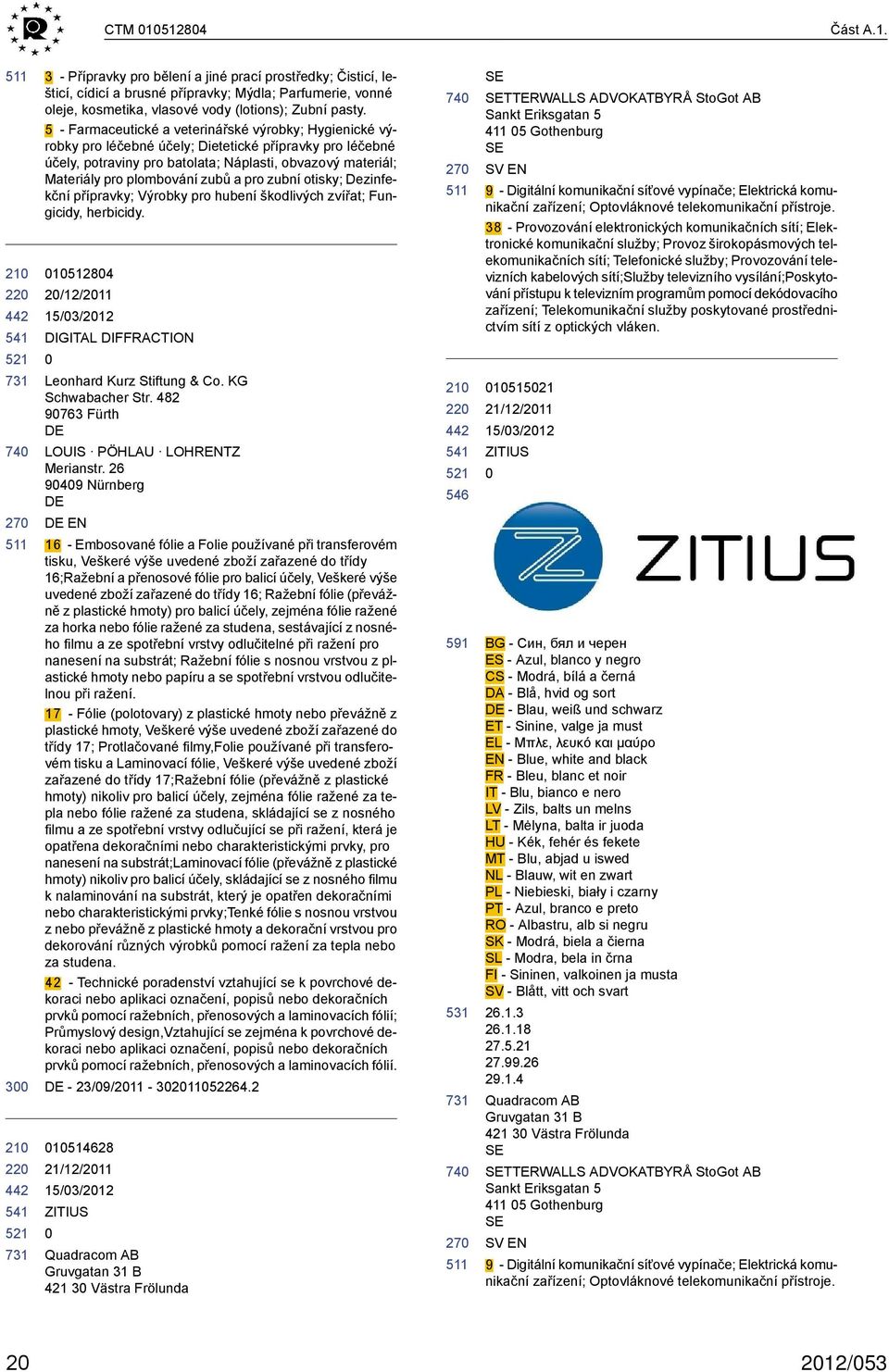 zubů a pro zubní otisky; Dezinfekční přípravky; Výrobky pro hubení škodlivých zvířat; Fungicidy, herbicidy. 284 2/12/211 DIGITAL DIFFRACTION Leonhard Kurz Stiftung & Co. KG Schwabacher Str.