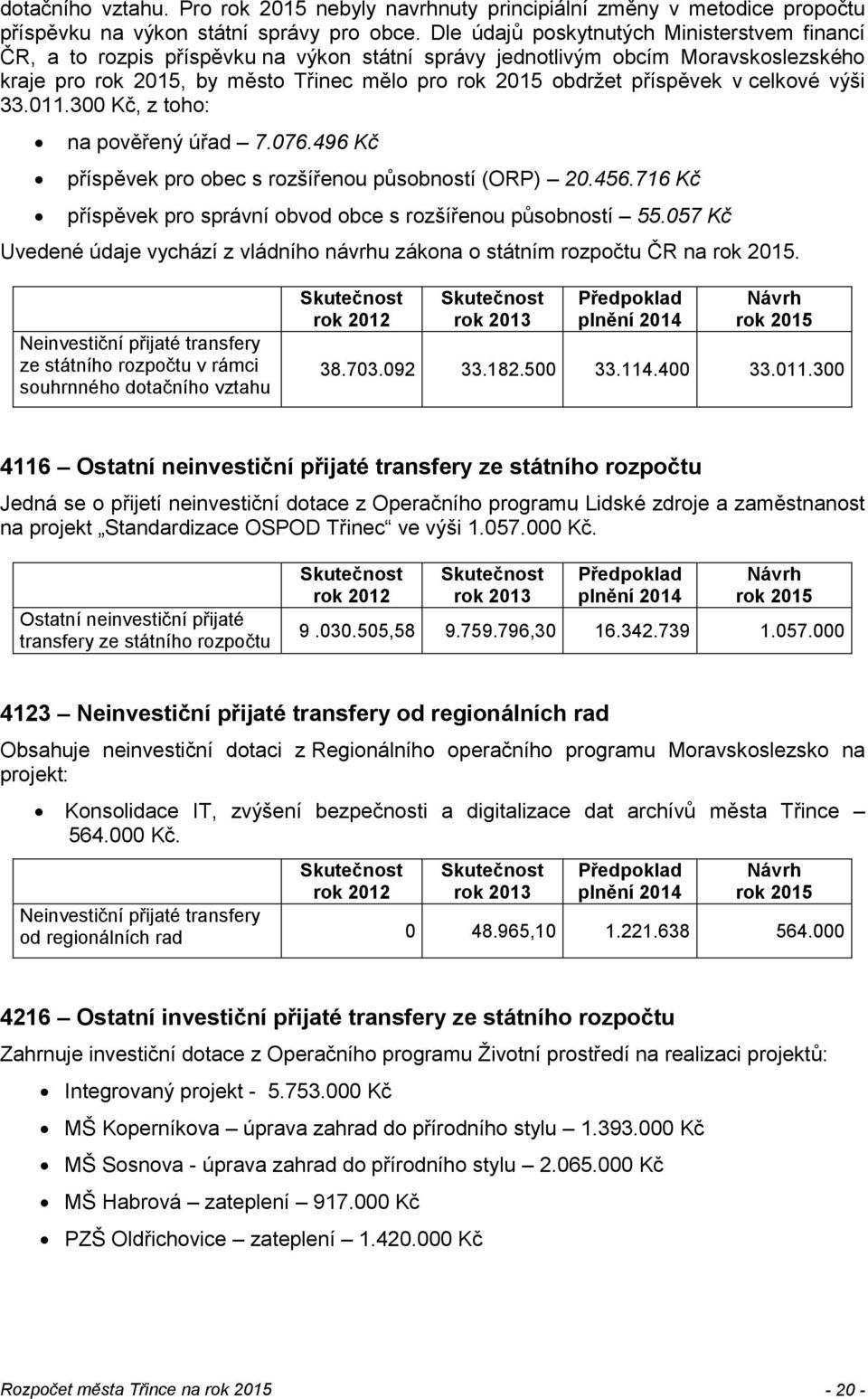33.011.300 Kč, z toho: na pověřený úřad 7.076.496 Kč příspěvek pro obec s rozšířenou působností (ORP) 20.456.716 Kč příspěvek pro správní obvod obce s rozšířenou působností 55.
