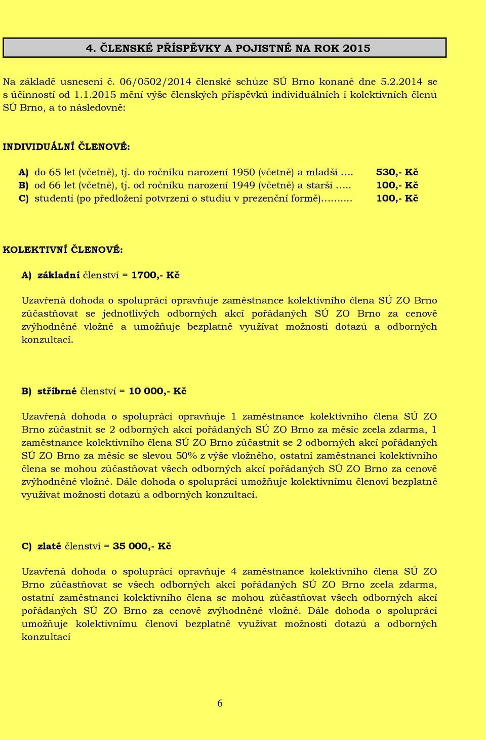 .. 100,- Kč KOLEKTIVNÍ ČLENOVÉ: A) základní členství = 1700,- Kč Uzavřená dohoda o spolupráci opravňuje zaměstnance kolektivního člena SÚ ZO Brno zúčastňovat se jednotlivých odborných akcí pořádaných