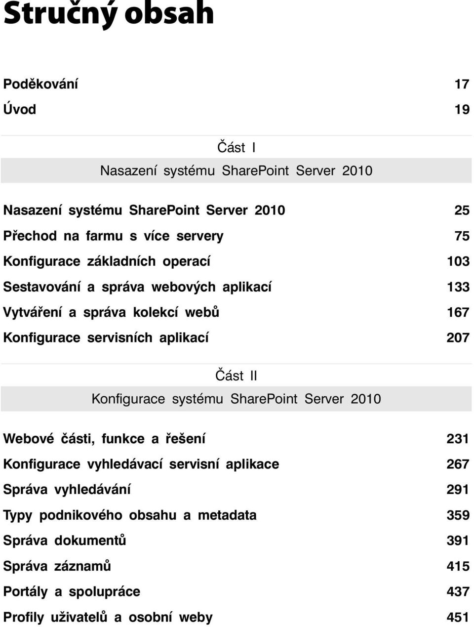 aplikací 207 Část II Konfigurace systému SharePoint Server 2010 Webové části, funkce a řešení 231 Konfigurace vyhledávací servisní aplikace 267 Správa