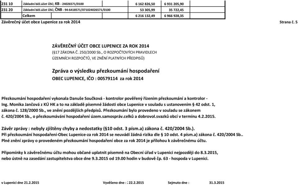 5 ZÁVĚREČNÝ ÚČET OBCE LUPENICE ZA ROK 2014 ( 17 ZÁKONA Č. 250/2000 Sb.