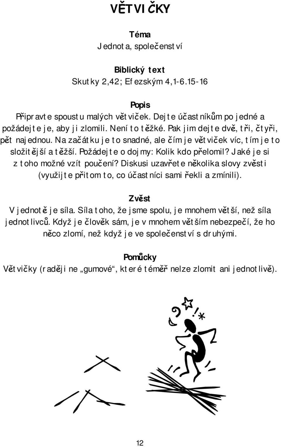 Jaké je si z toho možné vzít poučení? Diskusi uzavřete několika slovy zvěsti (využijte přitom to, co účastníci sami řekli a zmínili). Zvěst V jednotě je síla.