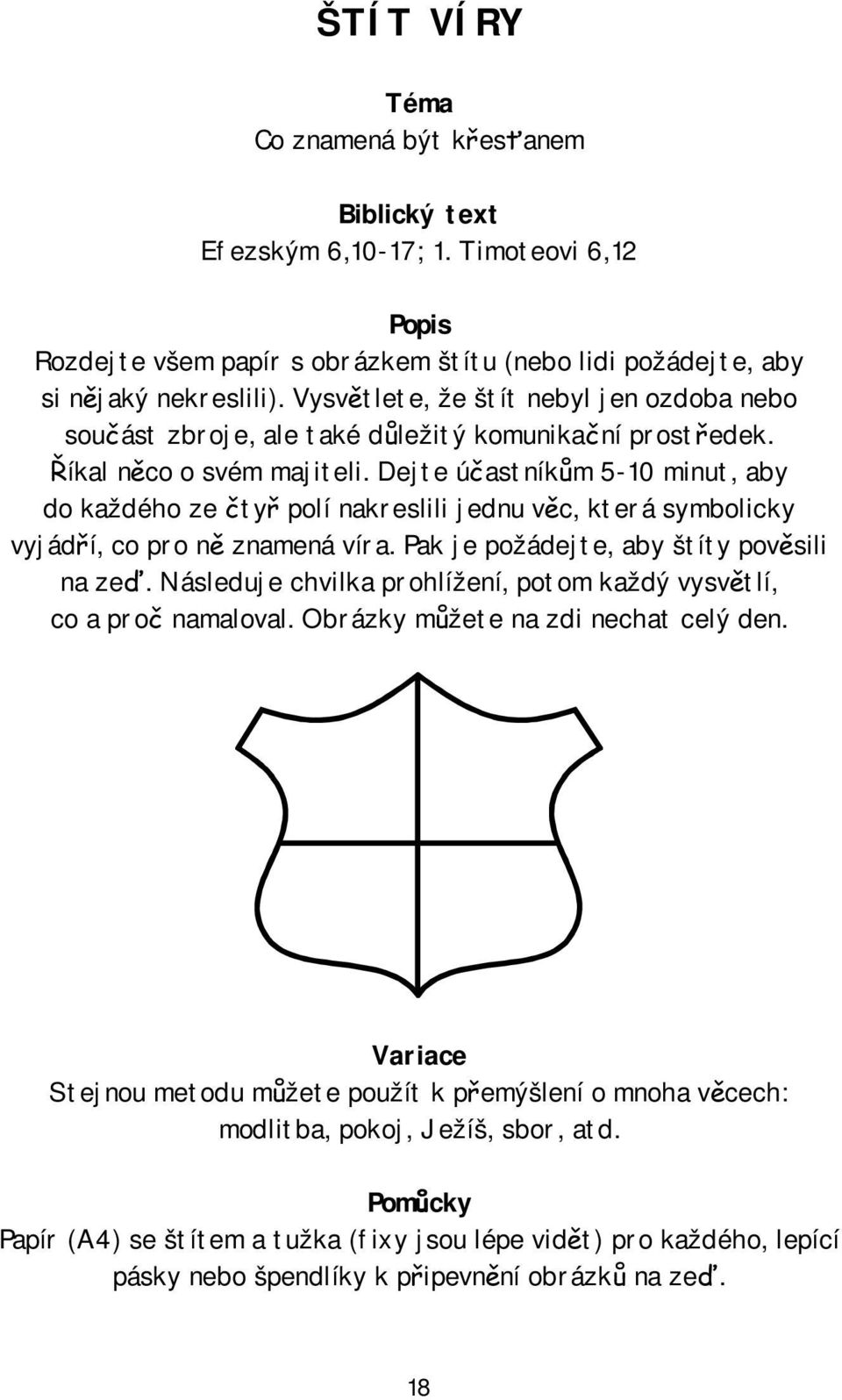 Dejte účastníkům 5-10 minut, aby do každého ze čtyř polí nakreslili jednu věc, která symbolicky vyjádří, co pro ně znamená víra. Pak je požádejte, aby štíty pověsili na zeď.