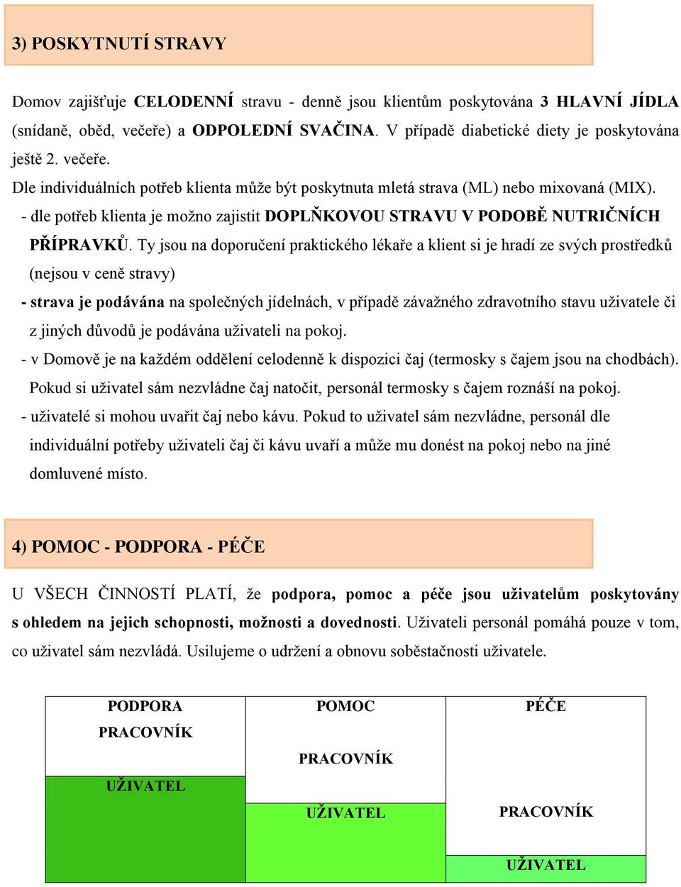 Ty jsou na doporučení praktického lékaře a klient si je hradí ze svých prostředků (nejsou v ceně stravy) - strava je podávána na společných jídelnách, v případě závažného zdravotního stavu uživatele