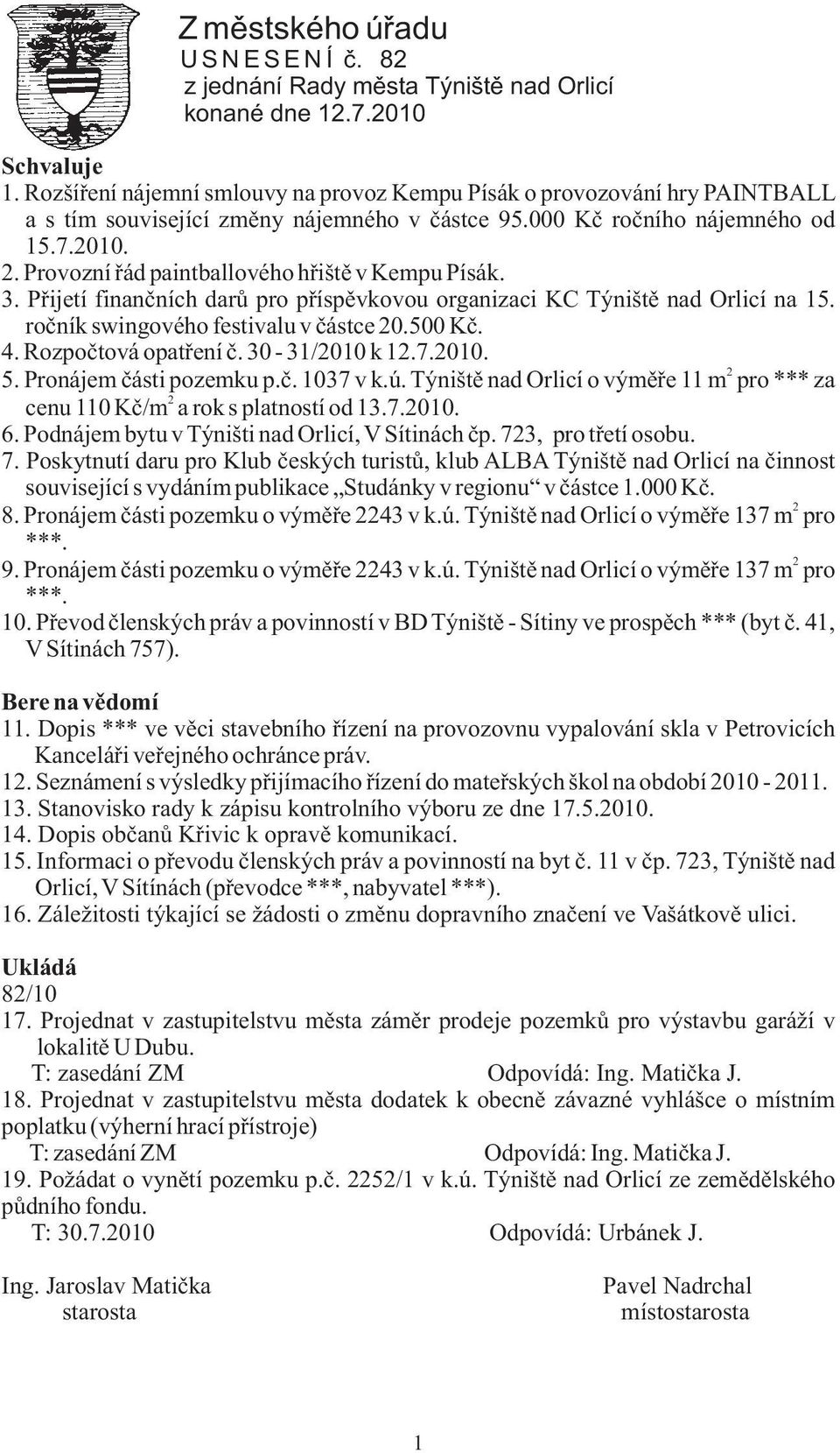 Provozní øád paintballového høištì v Kempu Písák. 3. Pøijetí finanèních darù pro pøíspìvkovou organizaci KC Týništì nad Orlicí na 15. roèník swingového festivalu v èástce 20.500 Kè. 4.