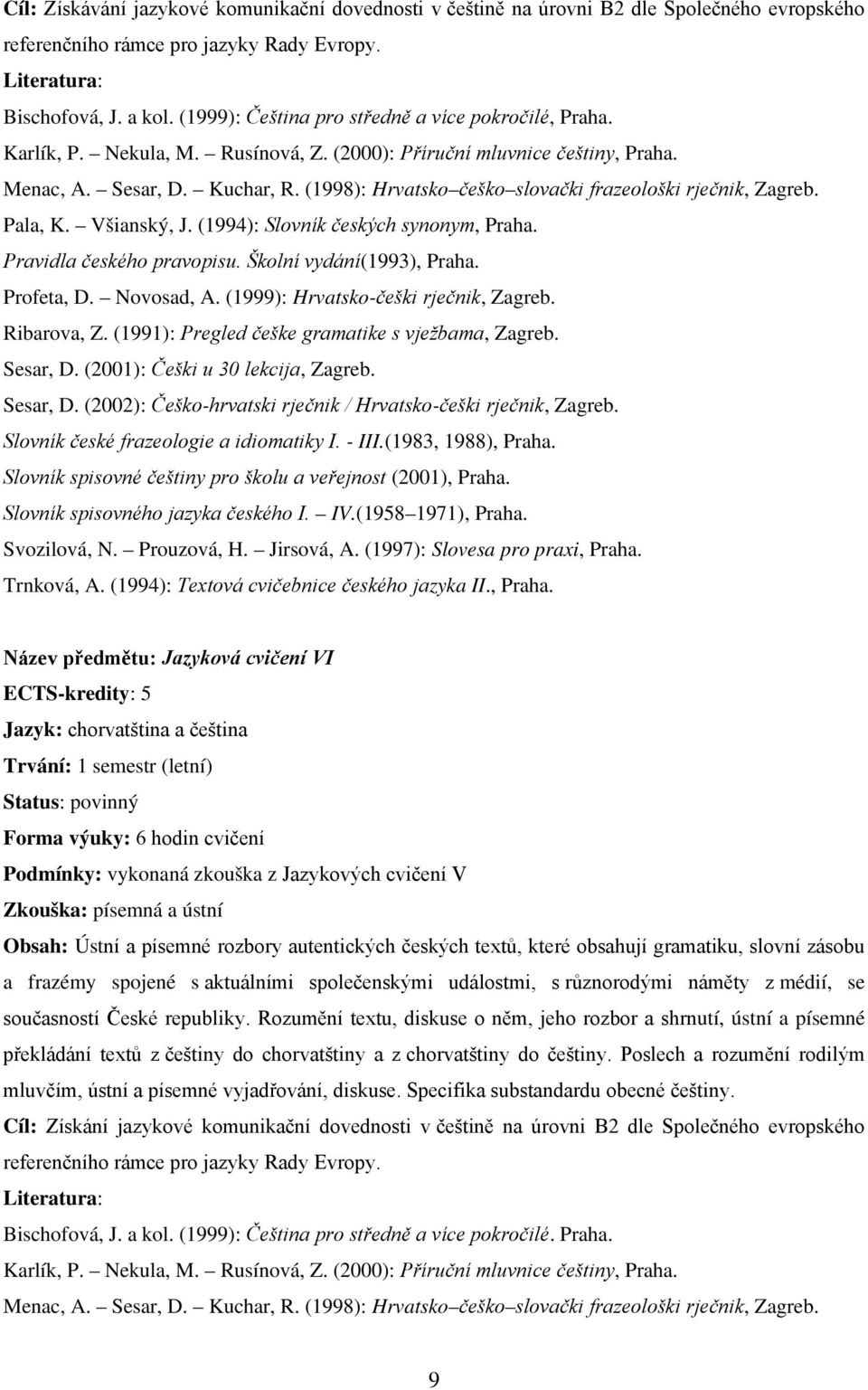 (1998): Hrvatsko češko slovački frazeološki rječnik, Zagreb. Pala, K. Všianský, J. (1994): Slovník českých synonym, Praha. Pravidla českého pravopisu. Školní vydání(1993), Praha. Profeta, D.