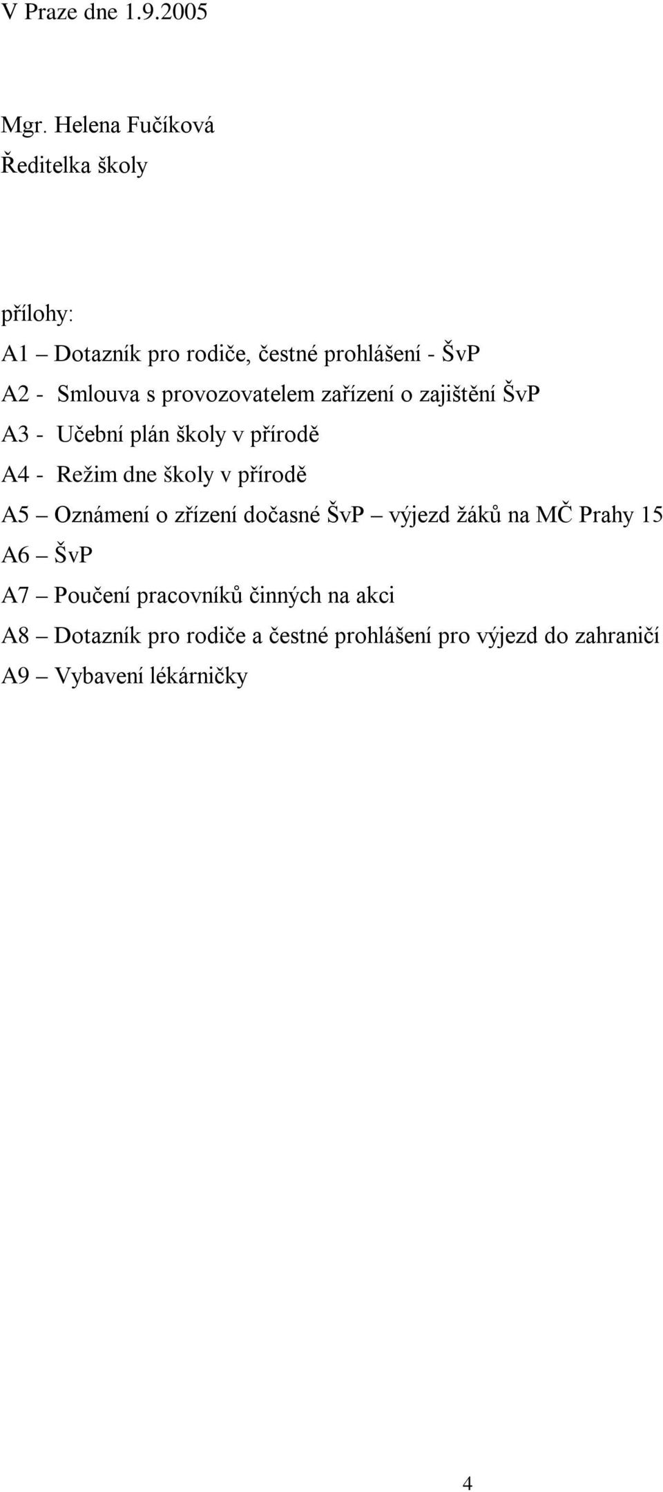 provozovatelem zařízení o zajištění ŠvP A3 - Učební plán školy v přírodě A4 - Režim dne školy v přírodě A5