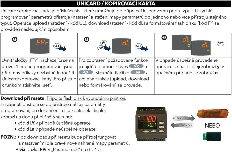 Operace upload (natažení - kód UL), download (stažení - kód dl) a formátování flash disku (kód Fr) se provádějí následujícím způsobem: 1 SET 2 SET 3 SET Uvnitř složky FPr nacházející se na Pro