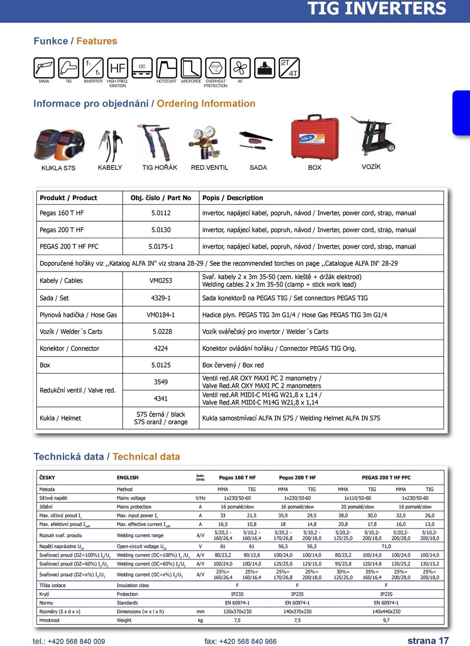 číslo / Part No Popis / Description Pegas 160 T HF 5.0112 invertor, napájecí kabel, popruh, návod / Inverter, power cord, strap, manual Pegas 200 T HF 5.