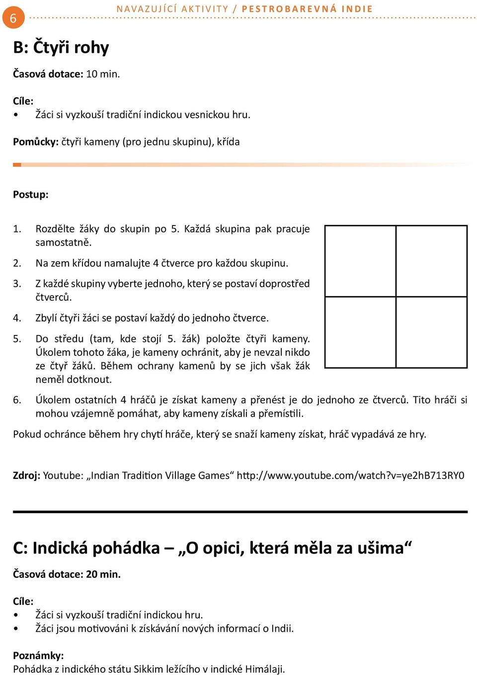 5. Do středu (tam, kde stojí 5. žák) položte čtyři kameny. Úkolem tohoto žáka, je kameny ochránit, aby je nevzal nikdo ze čtyř žáků. Během ochrany kamenů by se jich však žák neměl dotknout. 6.