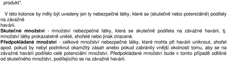 Předpokládané množství - celkové množství nebezpečné látky, které mohla při havárii uniknout, shořet apod.