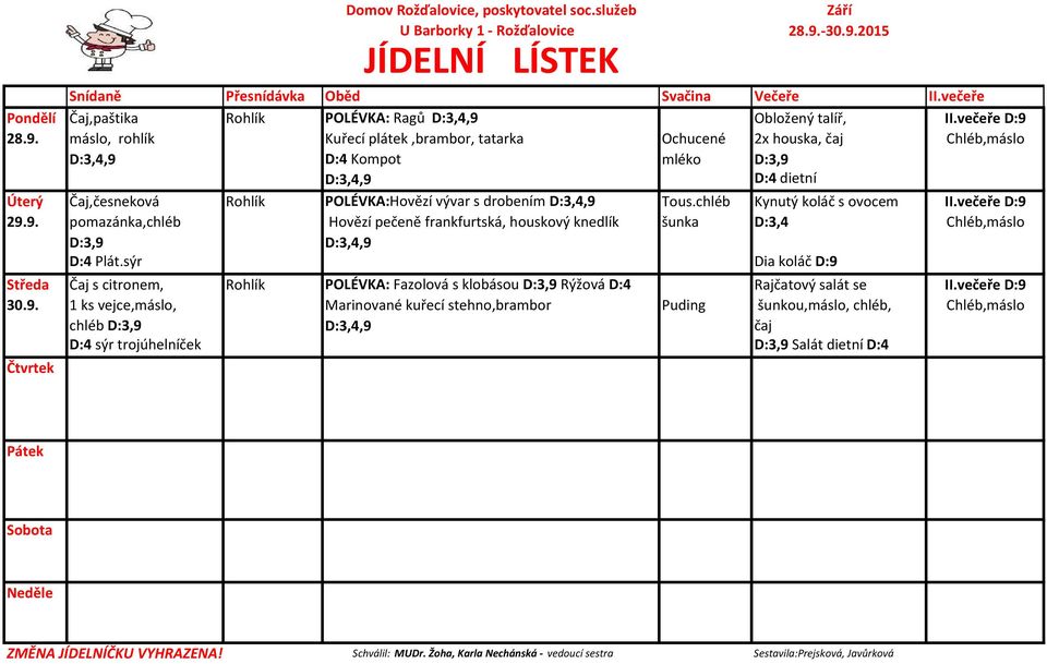 28.9. máslo, rohlík Kuřecí plátek,brambor, tatarka Ochucené 2x houska, čaj Chléb,máslo D:4 Kompot mléko D:4 dietní Úterý Čaj,česneková Rohlík POLÉVKA:Hovězí vývar s drobením Tous.