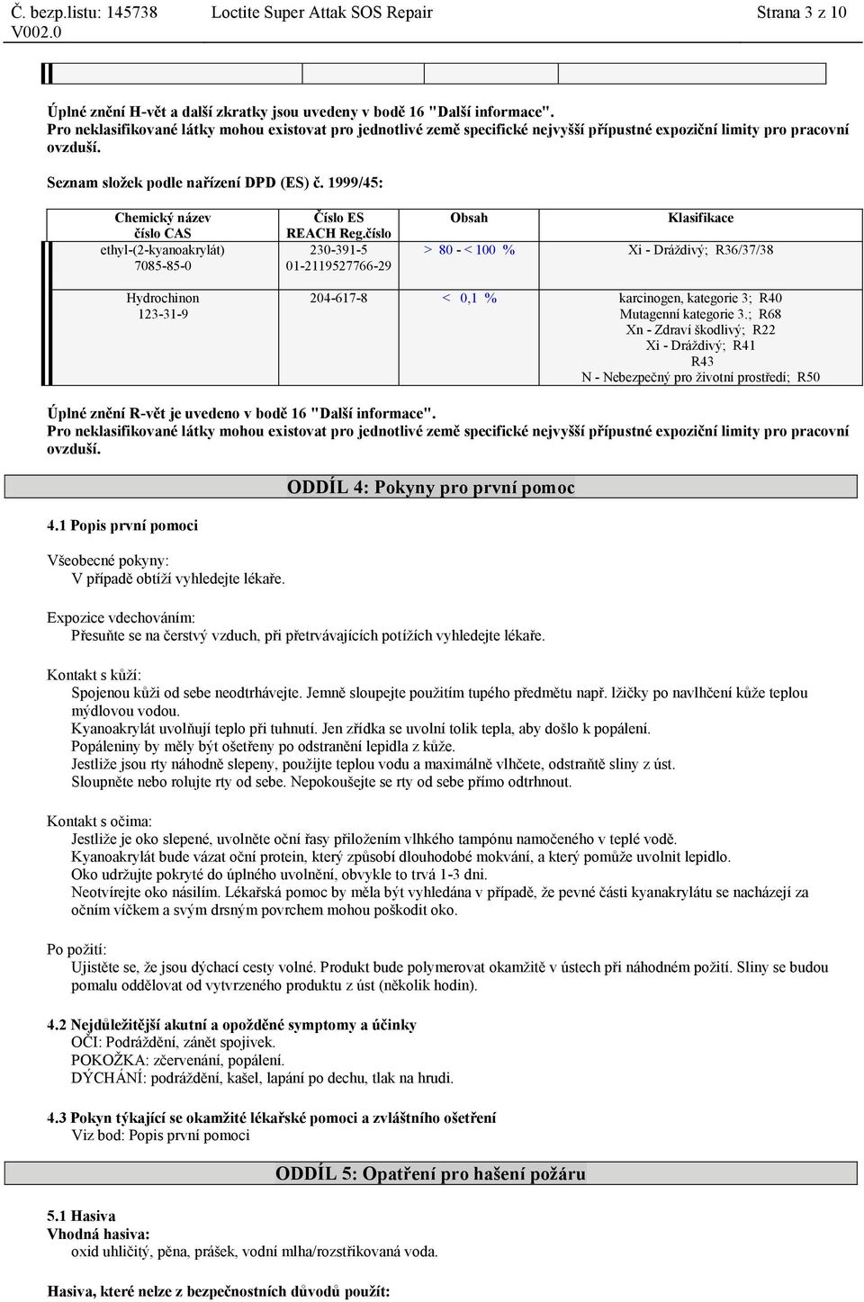 číslo 230-391-5 01-2119527766-29 Obsah Klasifikace > 80 - < 100 % Xi - Dráždivý; R36/37/38 204-617-8 < 0,1 % karcinogen, kategorie 3; R40 Mutagenní kategorie 3.