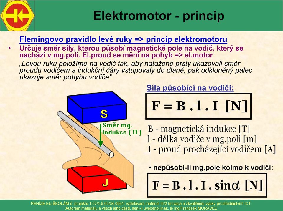 motor Levou ruku položíme na vodič tak, aby natažené prsty ukazovali směr proudu vodičem a indukční