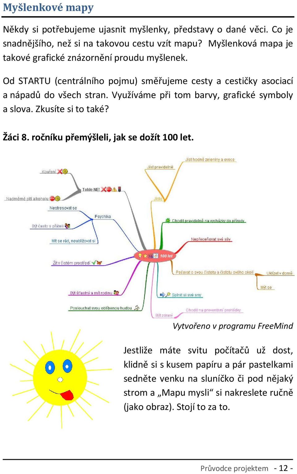 Využíváme při tom barvy, grafické symboly a slova. Zkusíte si to také? Žáci 8. ročníku přemýšleli, jak se dožít 100 let.