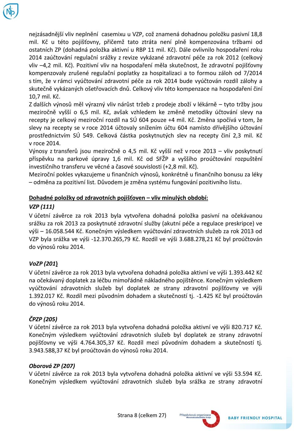 Dále ovlivnilo hospodaření roku 2014 zaúčtování regulační srážky z revize vykázané zdravotní péče za rok 2012 (celkový vliv 4,2 mil. Kč).