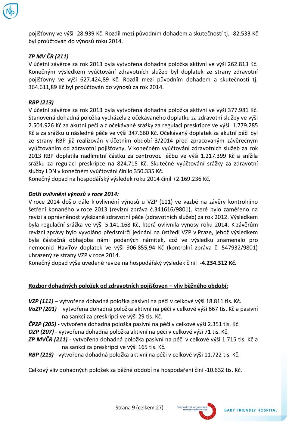 Konečným výsledkem vyúčtování zdravotních služeb byl doplatek ze strany zdravotní pojišťovny ve výši 627.424,89 Kč. Rozdíl mezi původním dohadem a skutečností tj. 364.