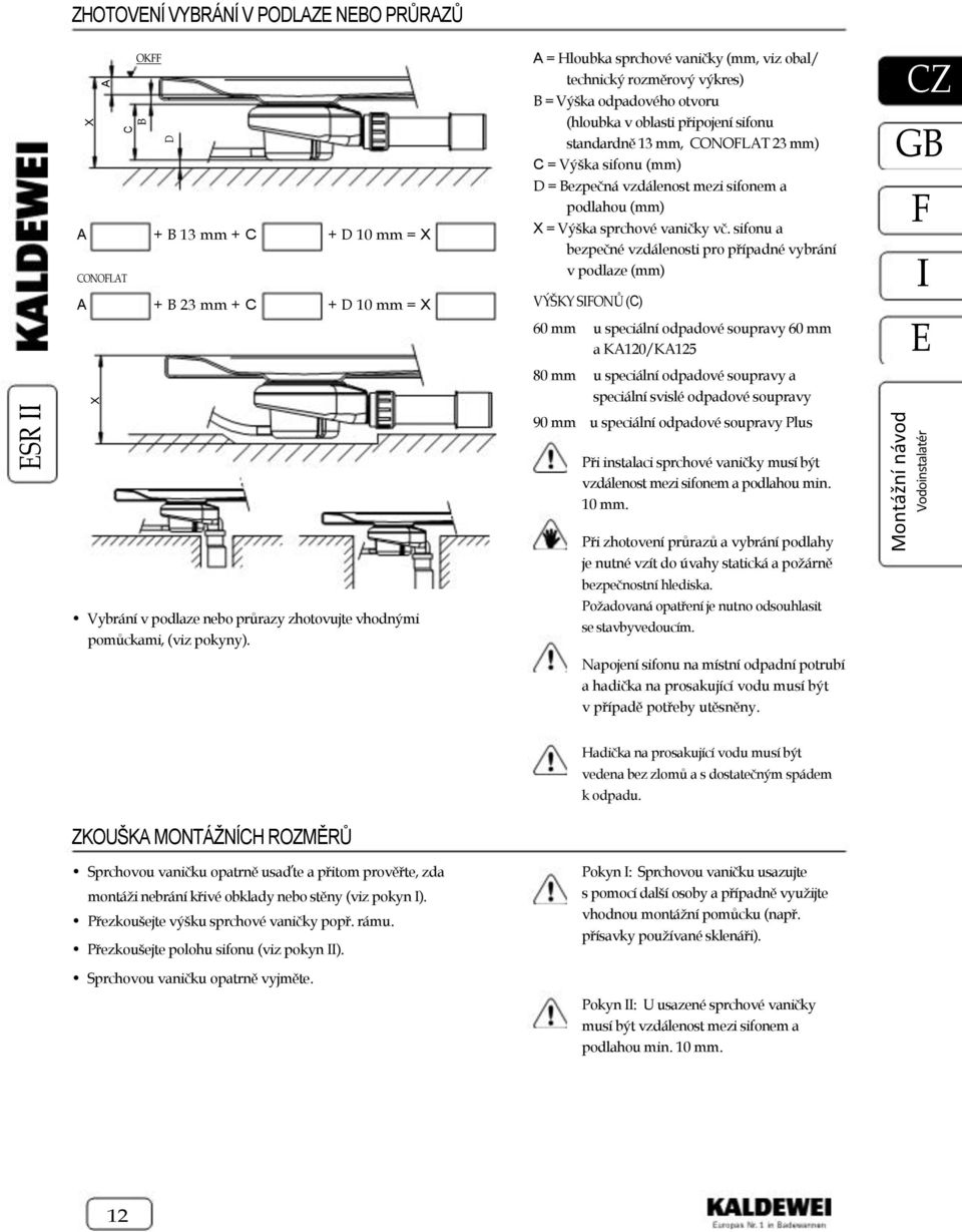 sifonu a bezpečné vzdálenosti pro případné vybrání v podlaze (mm) VÝŠKY SONŮ (C) 60 mm u speciální odpadové soupravy 60 mm a K120/K125 80 mm u speciální odpadové soupravy a speciální svislé odpadové