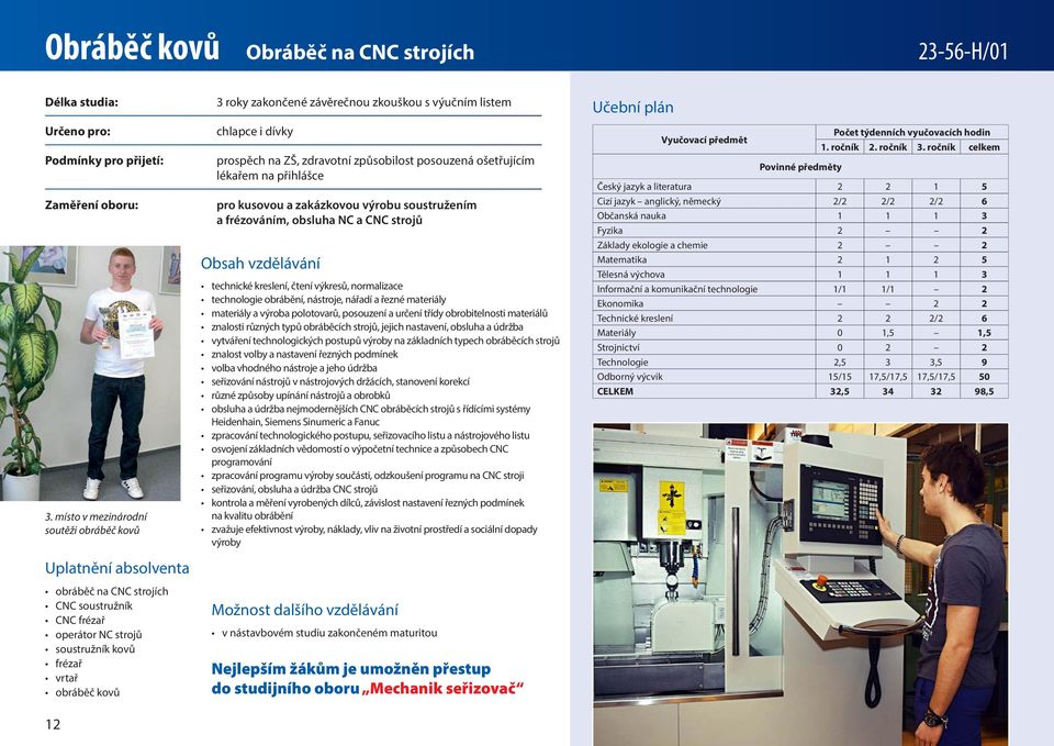 závěrečnou zkouškou s výučním listem chlapce i dívky prospěch na ZŠ, zdravotní způsobilost posouzená ošetřujícím lékařem na přihlášce pro kusovou a zakázkovou výrobu soustružením a frézováním,