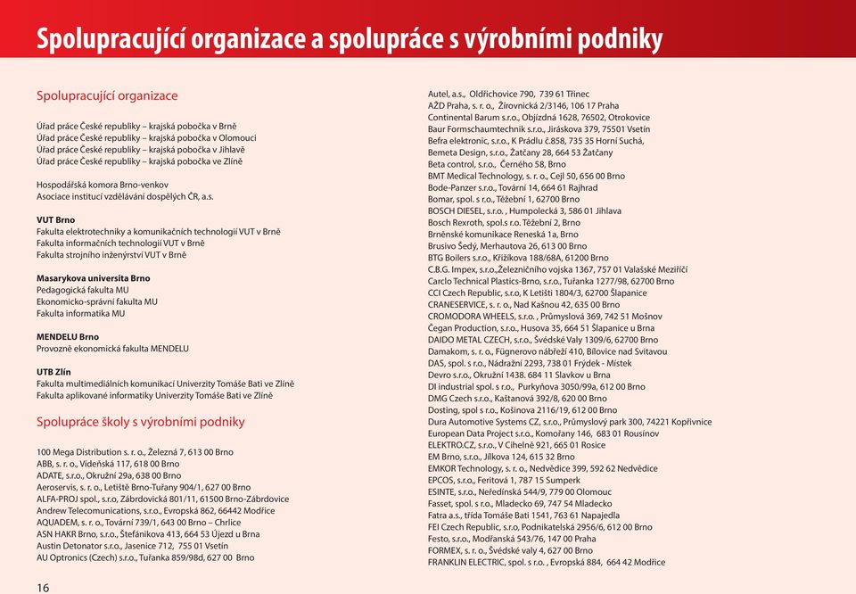 elektrotechniky a komunikačních technologií VUT v Brně Fakulta informačních technologií VUT v Brně Fakulta strojního inženýrství VUT v Brně Masarykova universita Brno Pedagogická fakulta MU