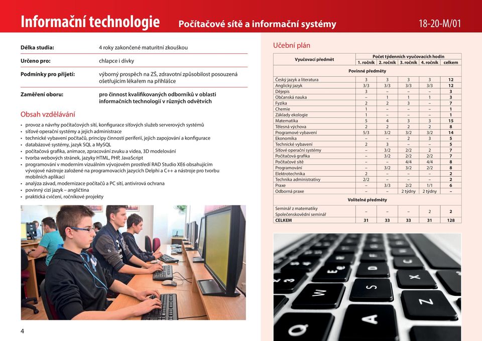 návrhy počítačových sítí, konfigurace síťových služeb serverových systémů síťové operační systémy a jejich administrace technické vybavení počítačů, principy činností periferií, jejich zapojování a