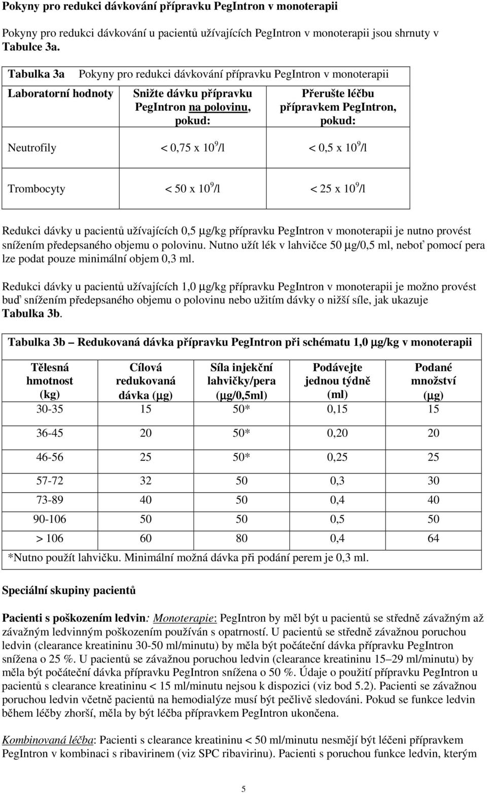 Neutrofily < 0,75 x 10 9 /l < 0,5 x 10 9 /l Trombocyty < 50 x 10 9 /l < 25 x 10 9 /l Redukci dávky u pacientů užívajících 0,5 µg/kg přípravku PegIntron v monoterapii je nutno provést snížením