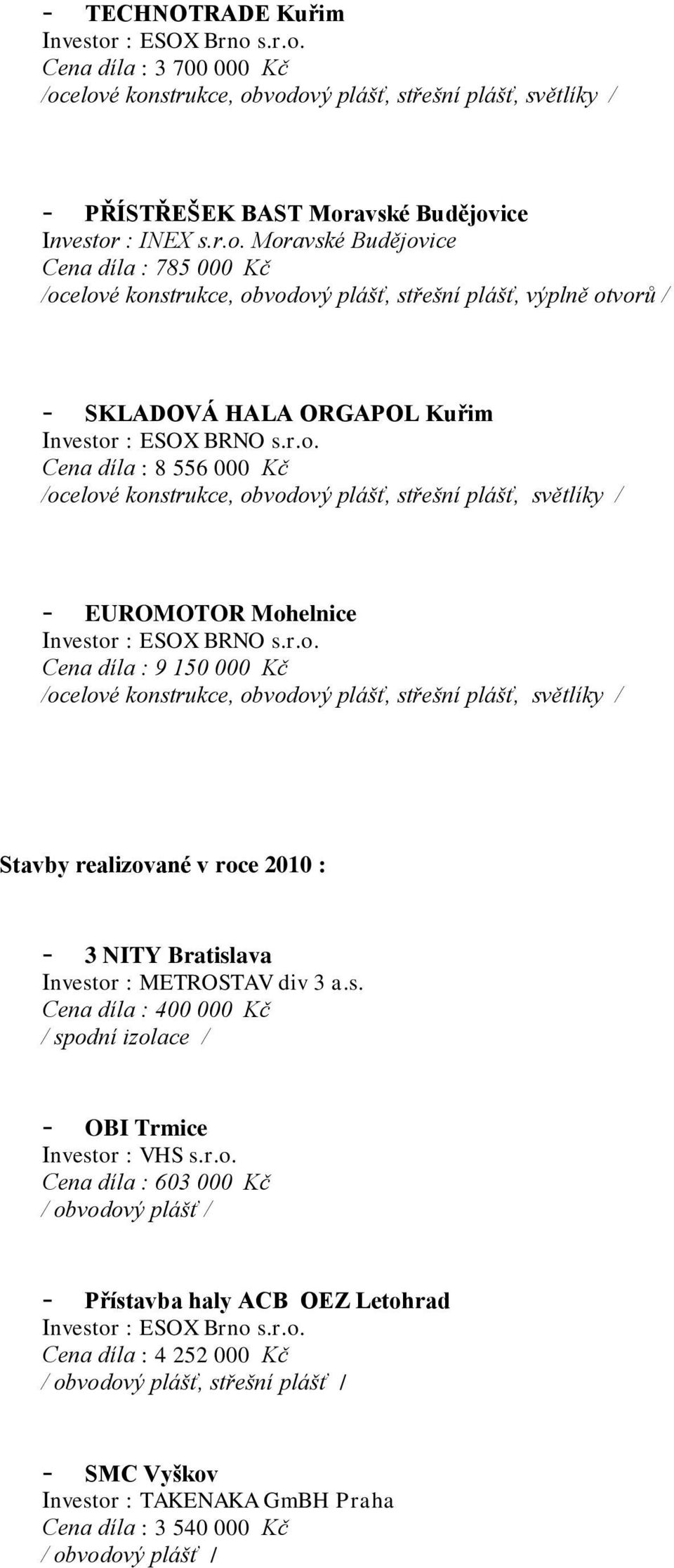 s. Cena díla : 400 000 Kč / spodní izolace / - OBI Trmice Investor : VHS s.r.o. Cena díla : 603 000 Kč / obvodový plášť / - Přístavba haly ACB OEZ Letohrad Investor : ESOX Brno s.r.o. Cena díla : 4 252 000 Kč / obvodový plášť, střešní plášť / - SMC Vyškov Investor : TAKENAKA GmBH Praha Cena díla : 3 540 000 Kč / obvodový plášť /