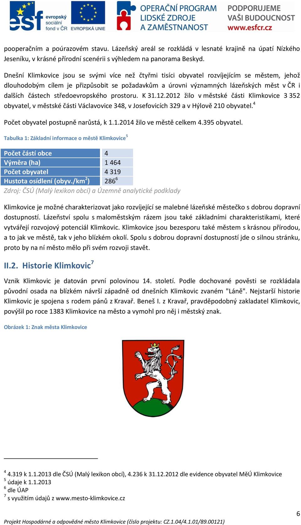 středoevropského prostoru. K 31.12.2012 žilo v městské části Klimkovice 3 352 obyvatel, v městské části Václavovice 348, v Josefovicích 329 a v Hýlově 210 obyvatel.