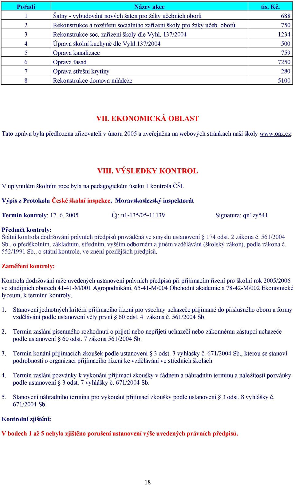 EKONOMICKÁ OBLAST Tato zpráva byla předložena zřizovateli v únoru 2005 a zveřejněna na webových stránkách naší školy www.oaz.cz. VIII.