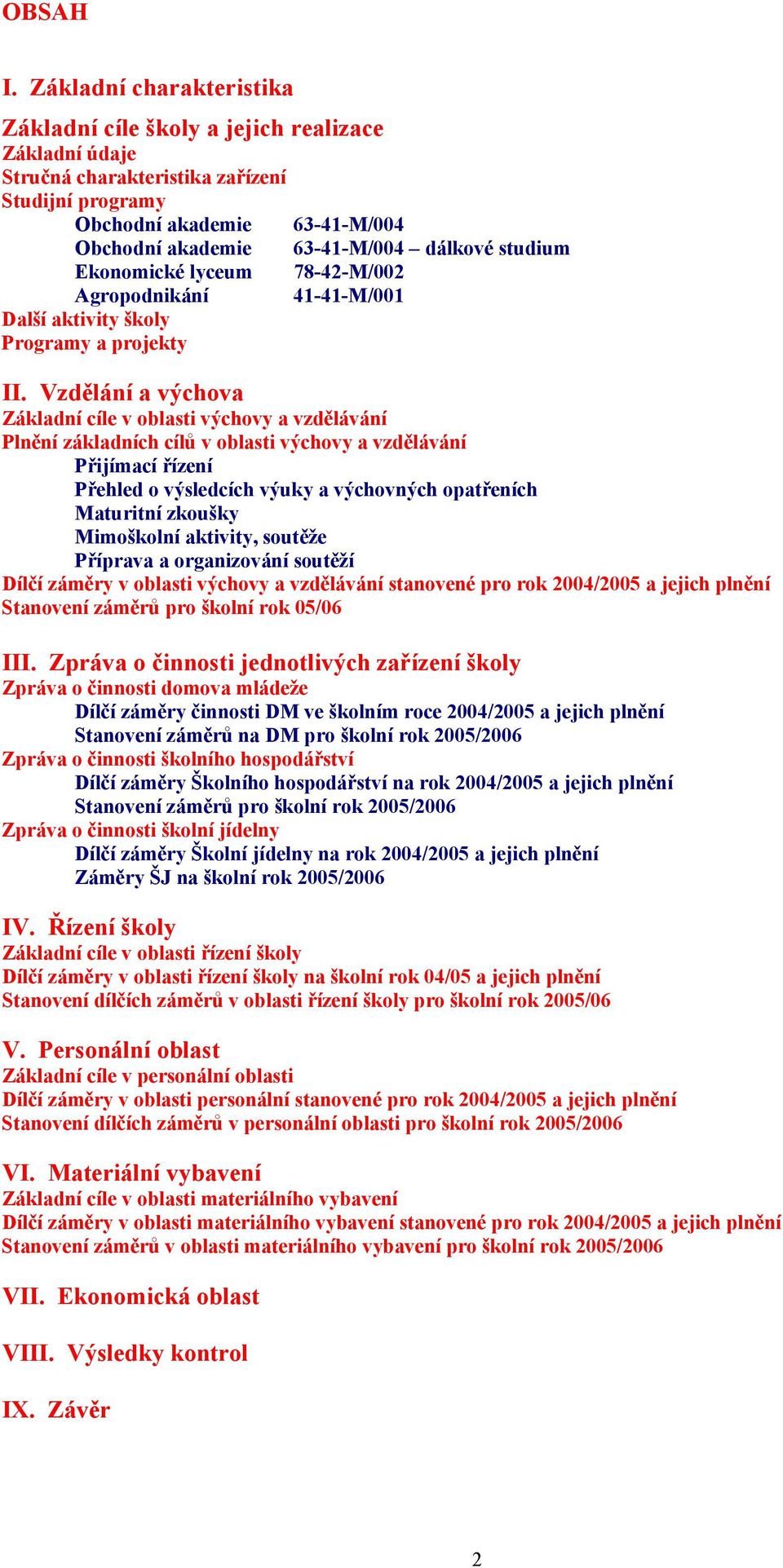 studium Ekonomické lyceum 78-42-M/002 Agropodnikání 41-41-M/001 Další aktivity školy Programy a projekty II.