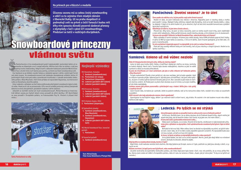 Představí se totiž v rozličných disciplínách. Snowboardové princezny vládnou světu Pančochová: Životní sezona? Je to úlet Čemu podle vás vděčíte za to, že jste prožila svoji zatím životní sezonu?