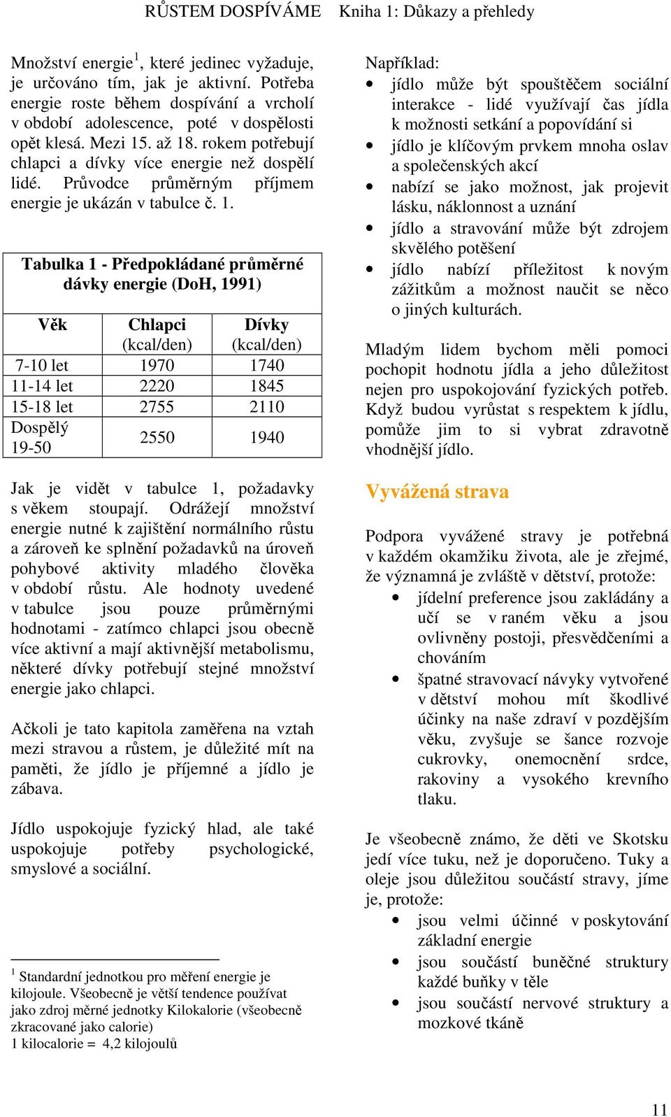 Tabulka 1 - Předpokládané průměrné dávky energie (DoH, 1991) Věk Chlapci (kcal/den) 7-10 let 1970 1740 11-14 let 2220 1845 15-18 let 2755 2110 Dospělý 19-50 Dívky (kcal/den) 2550 1940 Jak je vidět v