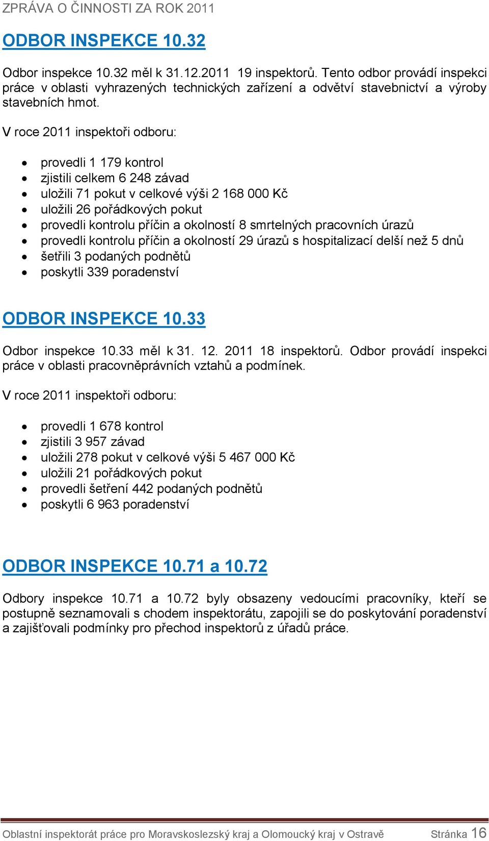 smrtelných pracovních úrazů provedli kontrolu příčin a okolností 29 úrazů s hospitalizací delší než 5 dnů šetřili 3 podaných podnětů poskytli 339 poradenství ODBOR INSPEKCE 10.33 Odbor inspekce 10.