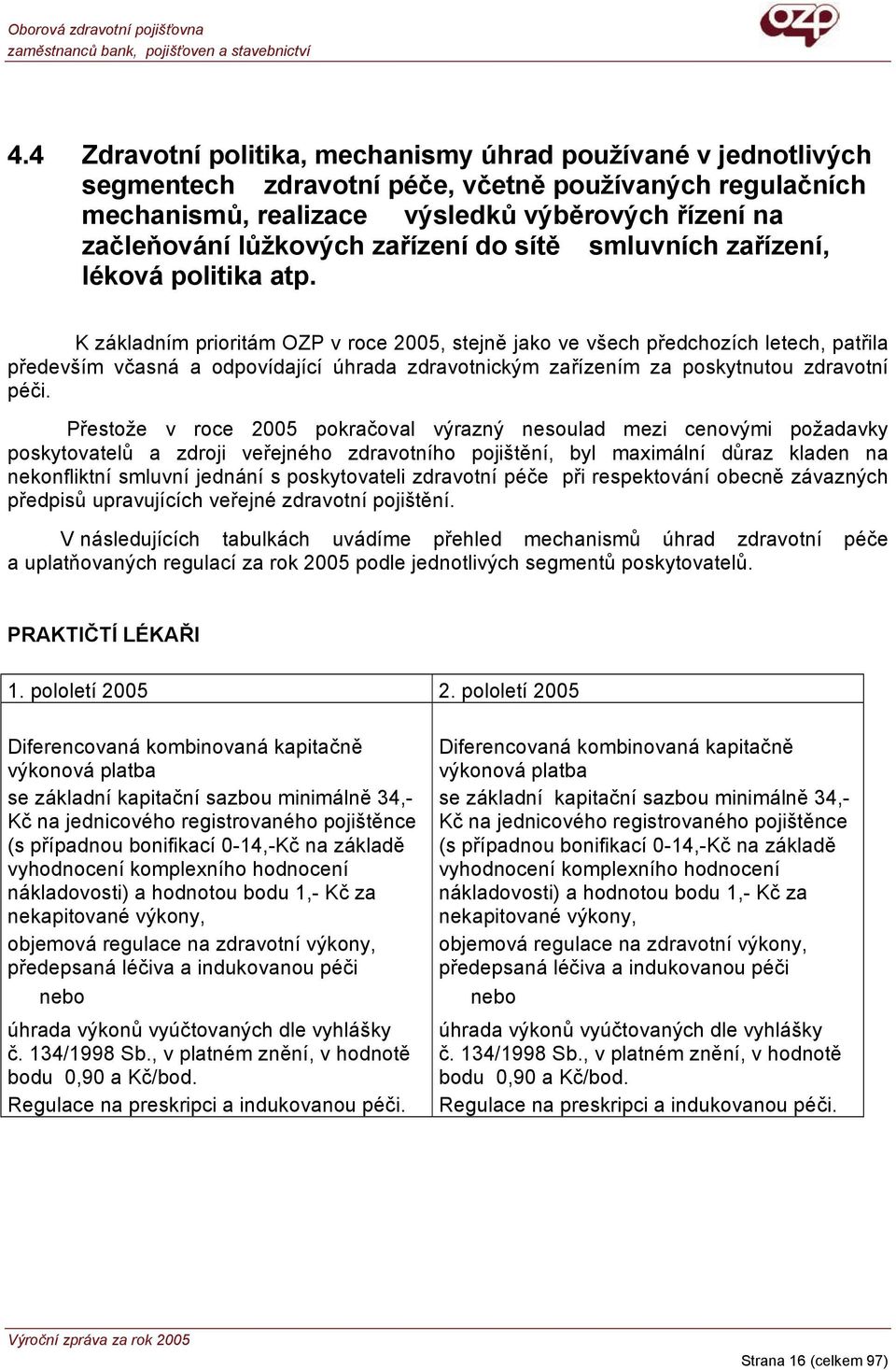 K základním prioritám OZP v roce 2005, stejně jako ve všech předchozích letech, patřila především včasná a odpovídající úhrada zdravotnickým zařízením za poskytnutou zdravotní péči.