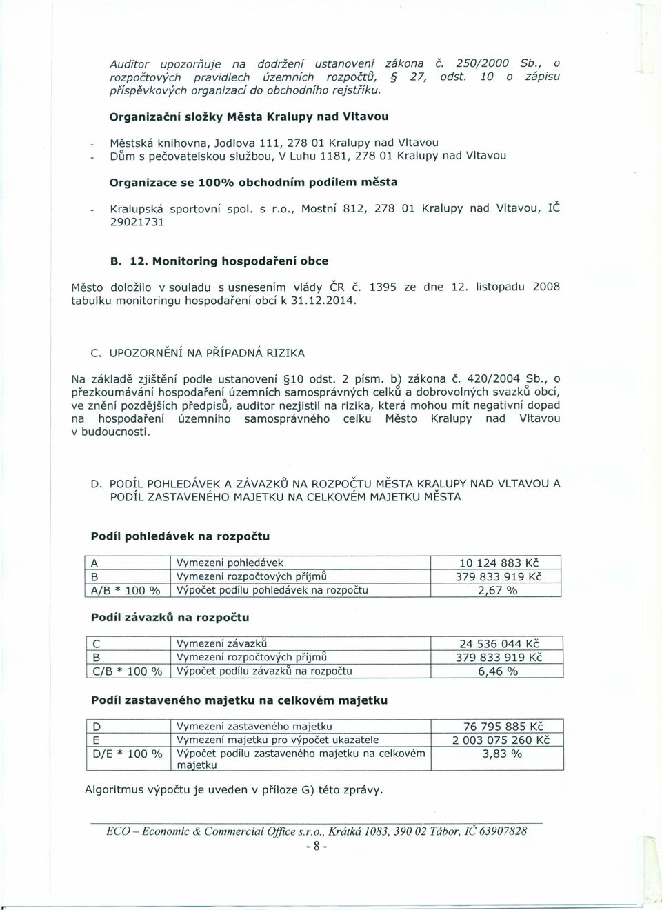 100% obchodním podílem města Kralupská sportovní spol. s r.o., Mostní 812, 278 01 Kralupy nad Vltavou, IČ 29021731 B. 12. Monitoring hospodaření obce Město doložilo v souladu s usnesením vlády ČR Č.