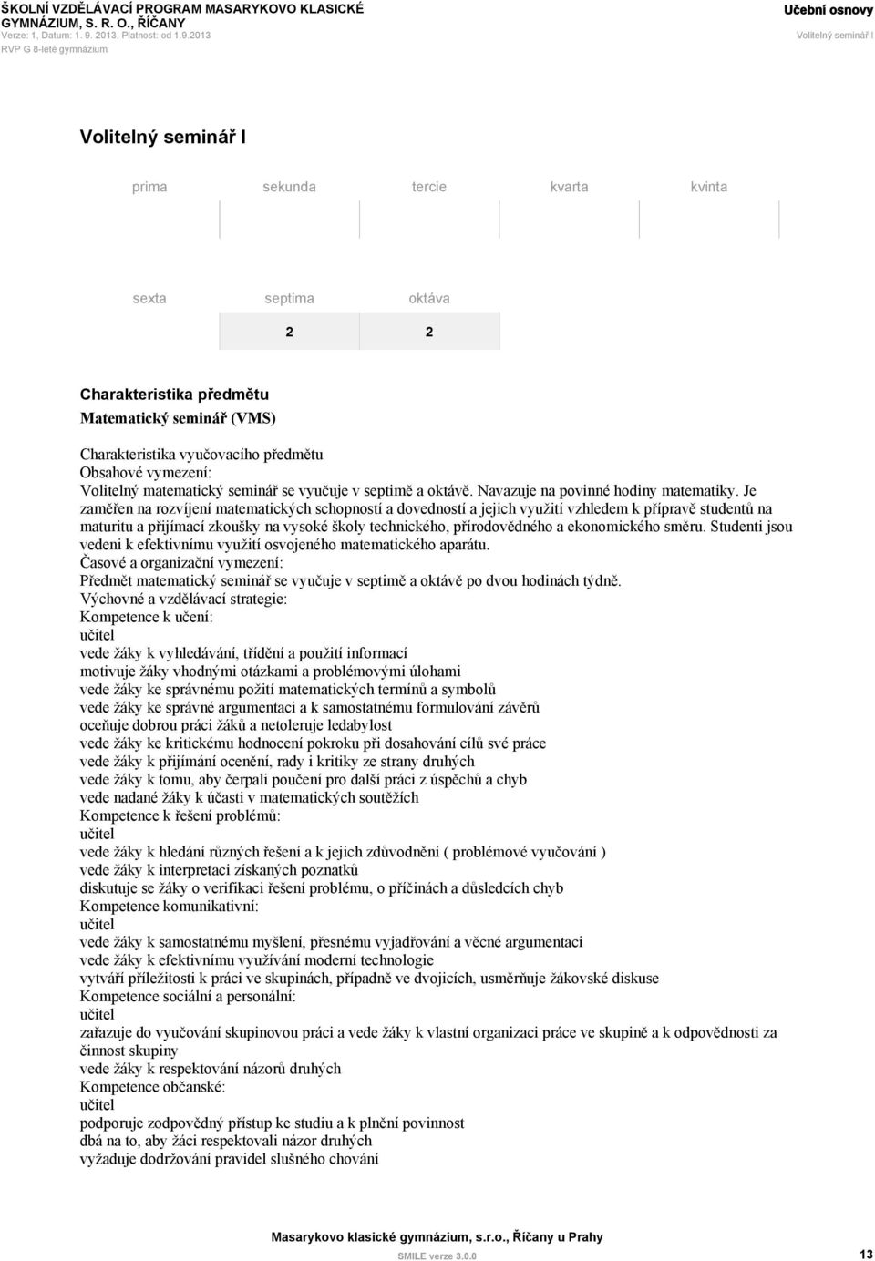 Je zaměřen na rozvíjení matematických schopností a dovedností a jejich využití vzhledem k přípravě studentů na maturitu a přijímací zkoušky na vysoké školy technického, přírodovědného a ekonomického