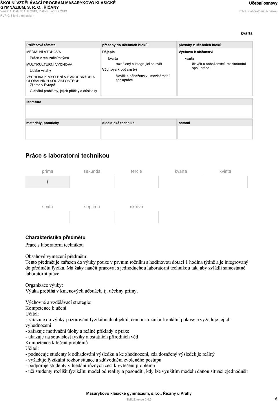 mezinárodní spolupráce Práce s laboratorní technikou prima sekunda tercie kvarta kvinta 1 sexta septima oktáva Charakteristika předmětu Práce s laboratorní technikou Obsahové vymezení předmětu: Tento